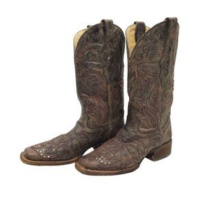 Corral Western Boots Leather Women 6.5M Cross Stud Embroidery Square Toe Cowgirl